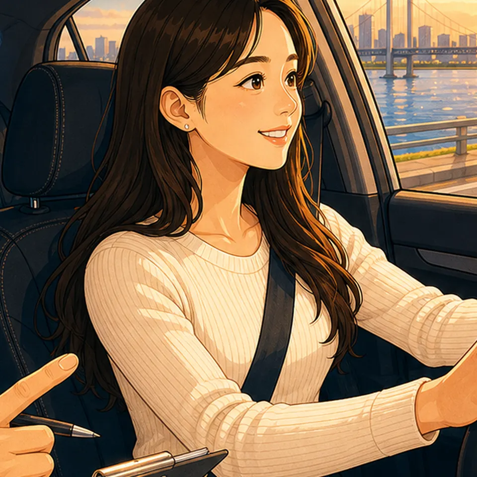 차량 조작과 출발을 함께 안내받는 일러스트 · 방문도로연수 학습 안내용 AI 예시